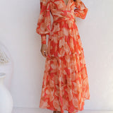Casual Long-Sleeved V-Neck Swing Midi Dress