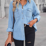 Collared Neck Dropped Shoulder Denim Top- Blue