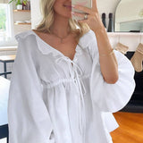 Ruffles Lace Up Long Sleeve Shorts Set