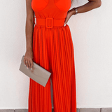 Strappy Jumpsuit With Wide Leg Pleated Detail In Orange