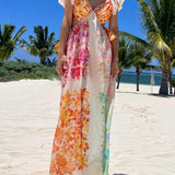 Floral Frill Cutout Back Tie-Up Maxi Dress