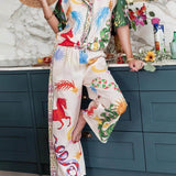 Unique Print Short Sleeve Loose Shirt And Elastic Waist Pants Set
