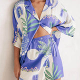 Unique Print Loose Shirt And Elastic Waist Wrap Lace-Up Skirt Set