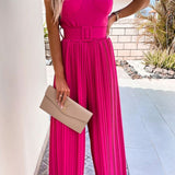 Strappy Jumpsuit With Wide Leg Pleated Detail In Barbie Pink