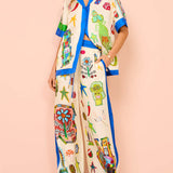Personalized Printed Color Matching Holiday Casual Lace Wide-Leg Pants-Set