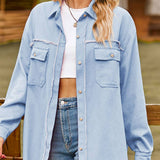 New Denim Raw Edge Washed Tassel Top Casual Shirt - Clear blue