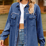 New Denim Raw Edge Washed Tassel Top Casual Shirt - Dark Blue