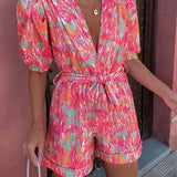Candy Floral Puff Sleeves Romper In Pink