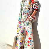 Floral Unique Print Elastic Waist Pocketed Wide Leg Pants-Set