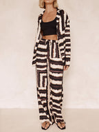 Signature Strip Textured Chocolate Print Baggy Pants-Set