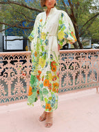 Unique Print Lantern Sleeve Cream Cardigan Style Shirt Dress