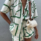 Unique Delicate Printed Loose Button Up Top Shorts Set