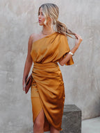 One Shoulder Midi Dress: Drape Asymmetric