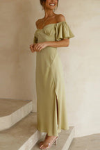 Side Split Midi Dress: Off The Shoulder Flutter Sleeve