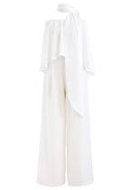 Off-Shoulder Flap Scarf Chiffon White Jumpsuit