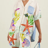 Unique Ocean Shell Print Loose Shorts Two-Piece Set
