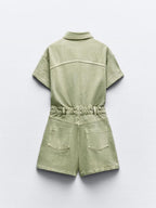 Mini Denim Cuffed-Romper-Green