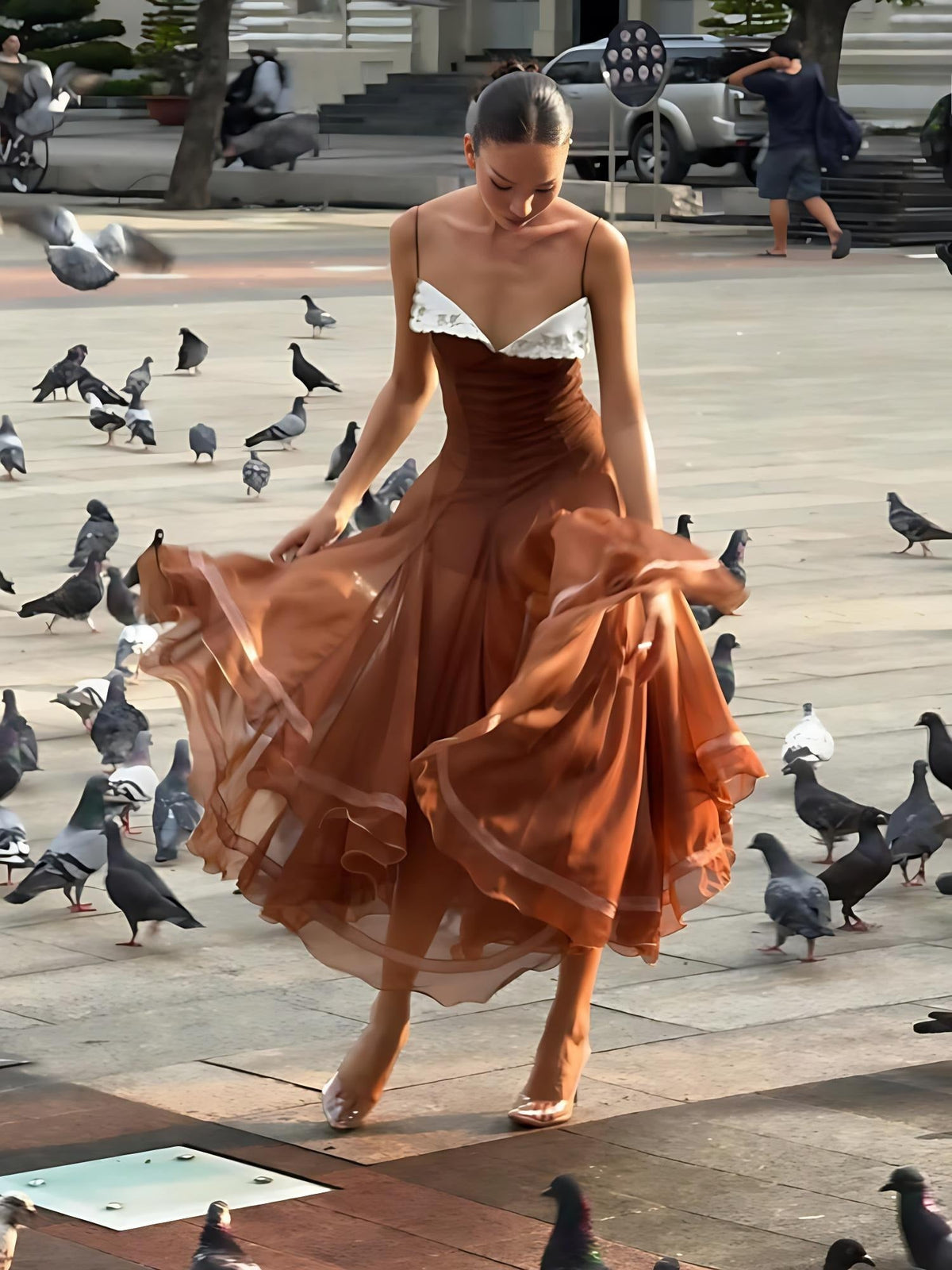 Caramel Chiffon Lace-Trim Midi Dress