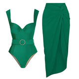 Solid Color Elegant One-Piece Swimsuit Set