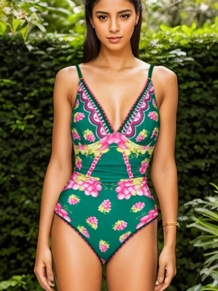Deep V Spaghetti Strap Skirted Swimsuit Set