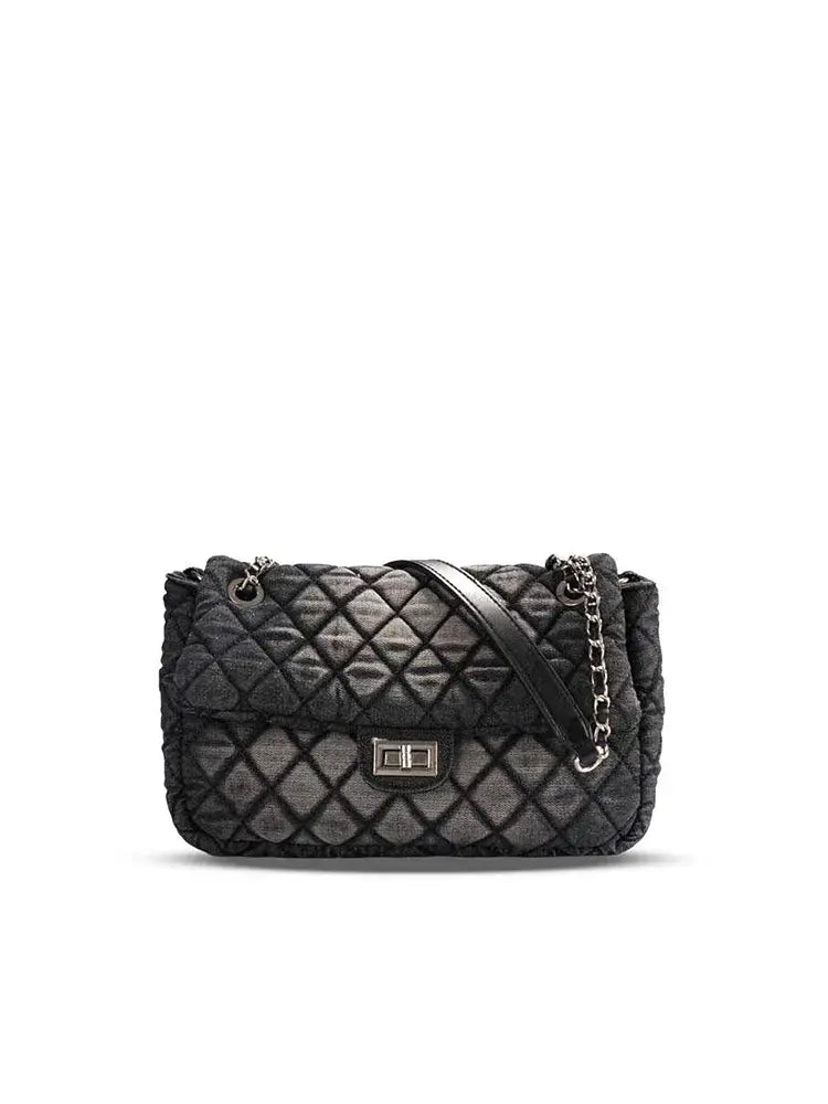 Washed Denim Quilted Chain Crossbody Bag