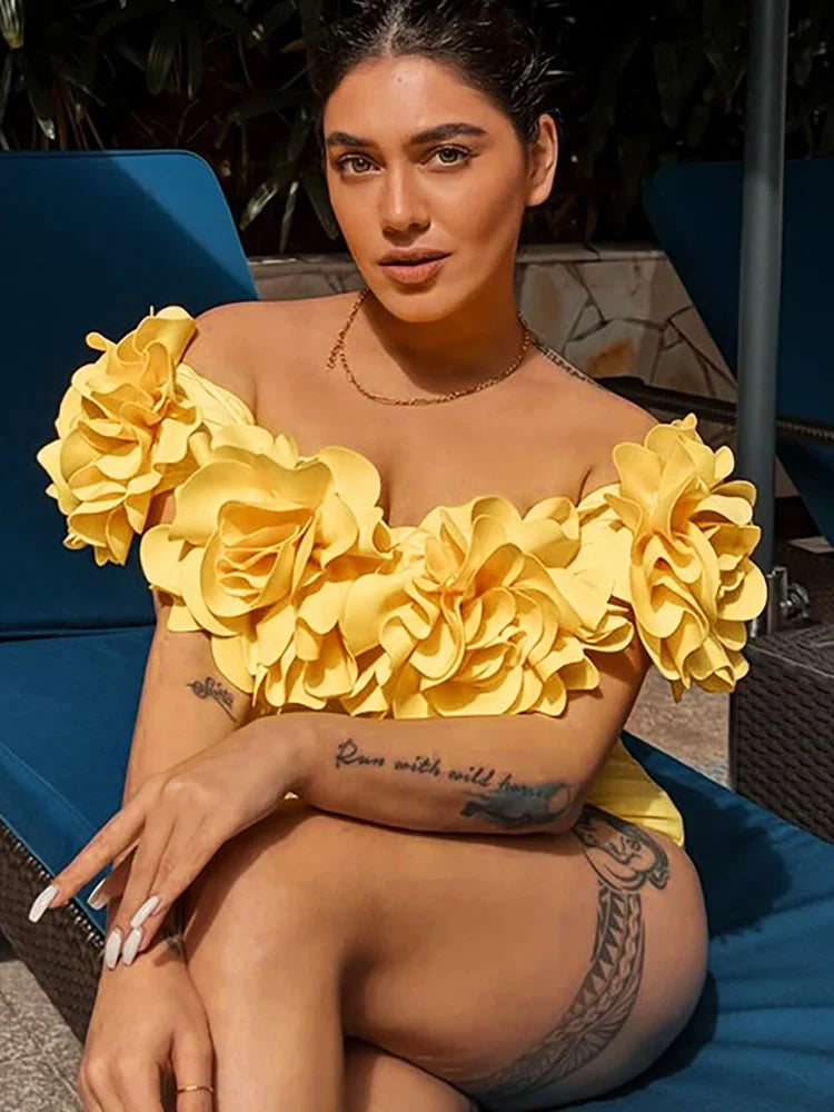 3D Floral Strapless Solid One-Piece Swimsuit