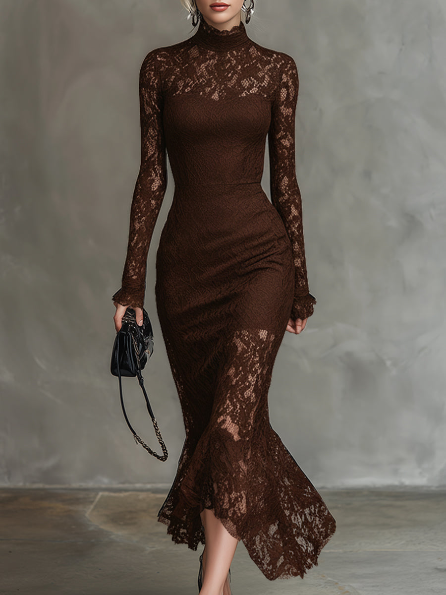 Elegant Party Black Stretch Lace Fishtail Maxi Dress
