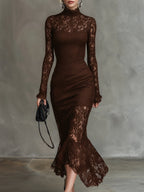 Elegant Party Black Stretch Lace Fishtail Maxi Dress
