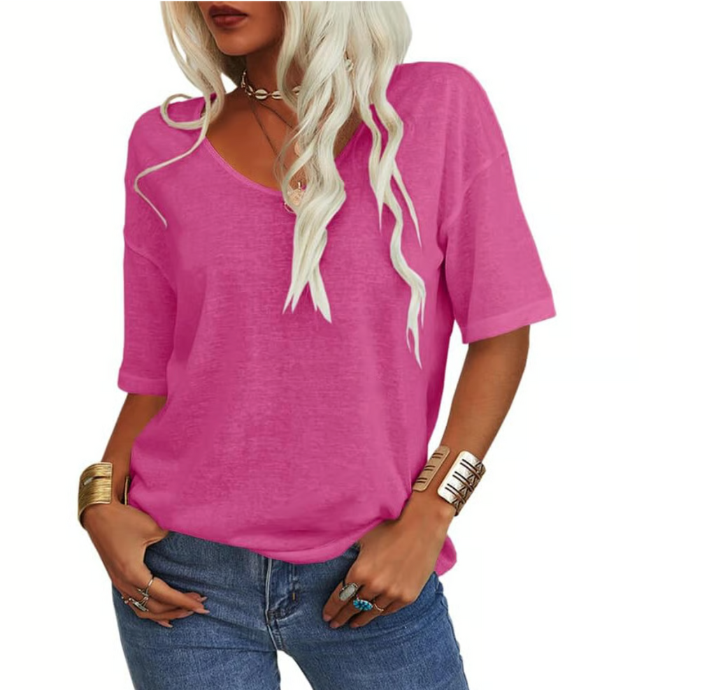 Unifarbenes Damen-T-Shirt mit V-Ausschnitt