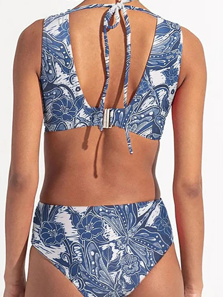 Dragonfly V Neck Cutout Skirted Swimsuit Set