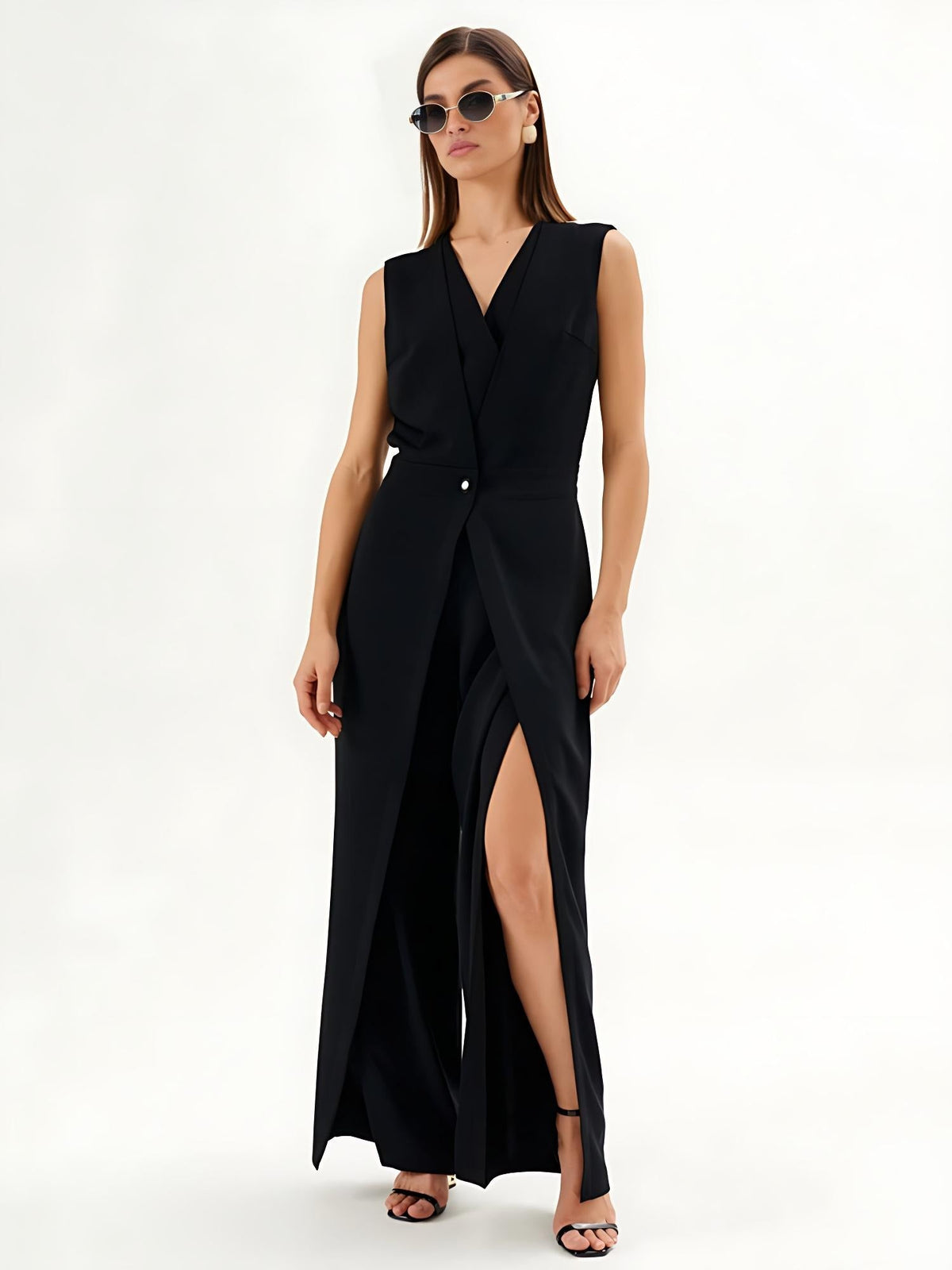 Black Sleeveless Wrap-Effect Wide-Leg Jumpsuit