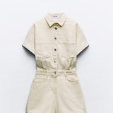 Mini Denim Cuffed-Romper-Beige