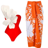 Orange Swimsuit Set Pearl Flower Detail
