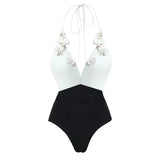 Halter Solid Color Floral Embellished Swimsuit