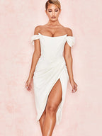 Cap Shoulder Corset Bodycon Midi Dress - White