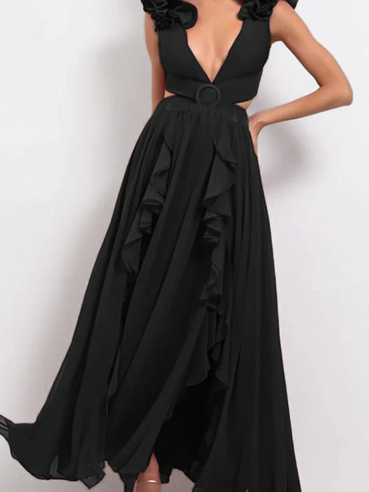 3D Floral Shoulder Detail Hollow Black Set