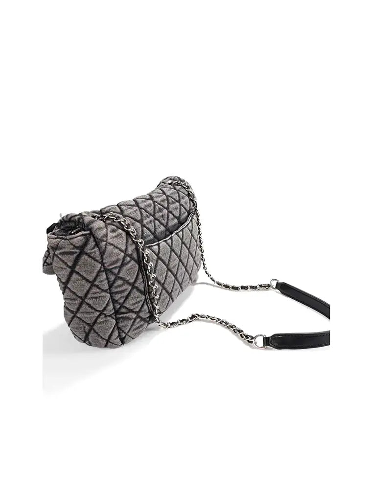 Washed Denim Quilted Chain Crossbody Bag