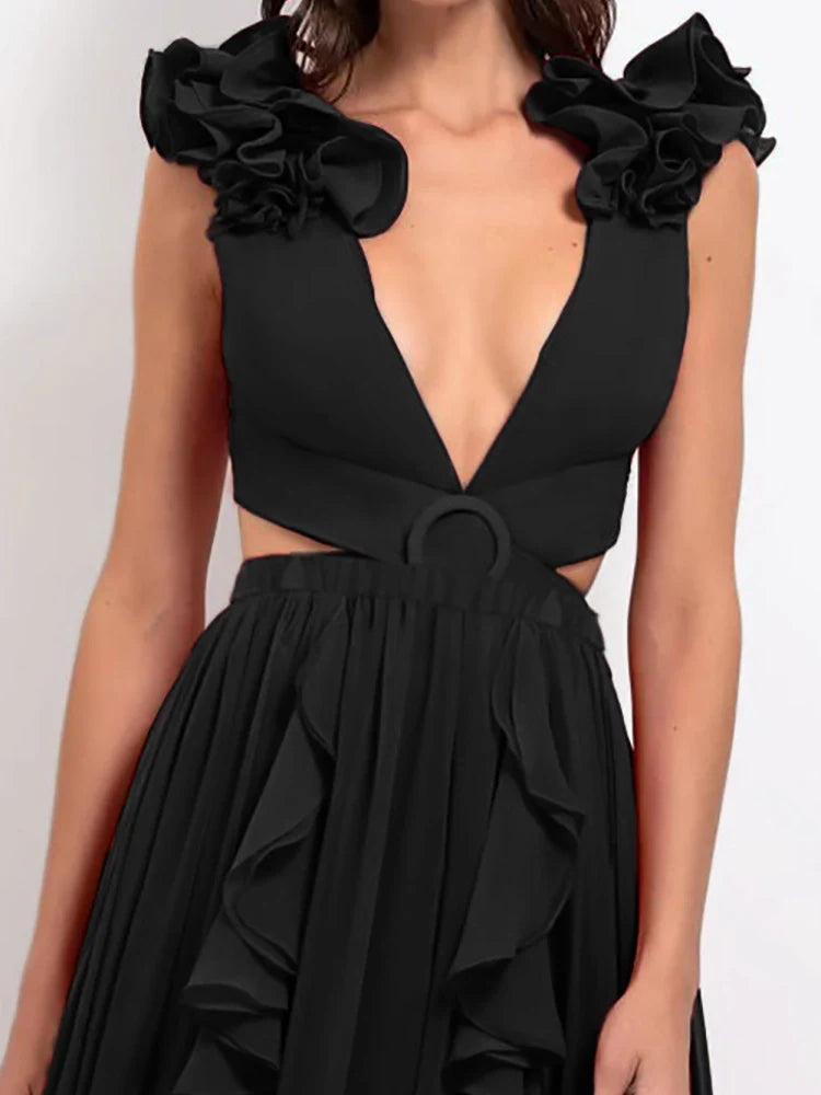 3D Floral Shoulder Detail Hollow Black Set