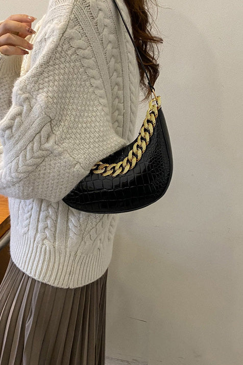 Black Patent Croc Moon Bag