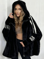 Women Plush Hooded Vertical Stripe Printed Casual Coat