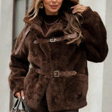 Women Lapel Plush Leather Buttoned Temperament Casual Coat
