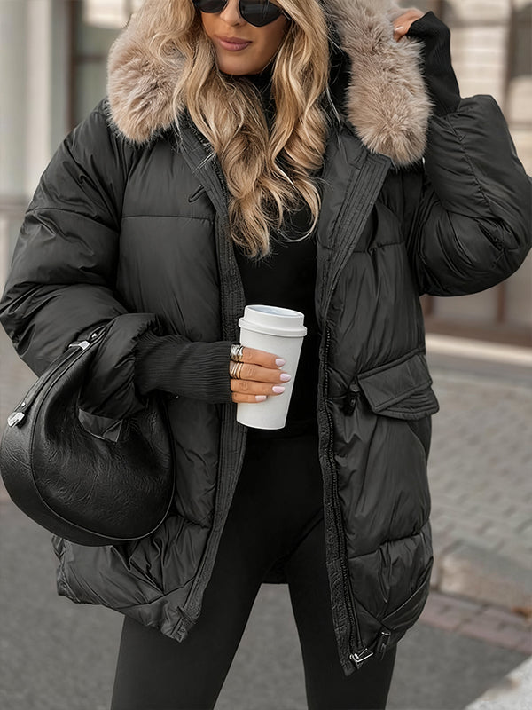 Ladies Fur Collar with Hat Temperament Casual Cotton Jacket