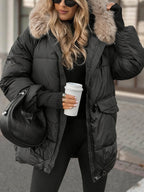 Ladies Fur Collar with Hat Temperament Casual Cotton Jacket