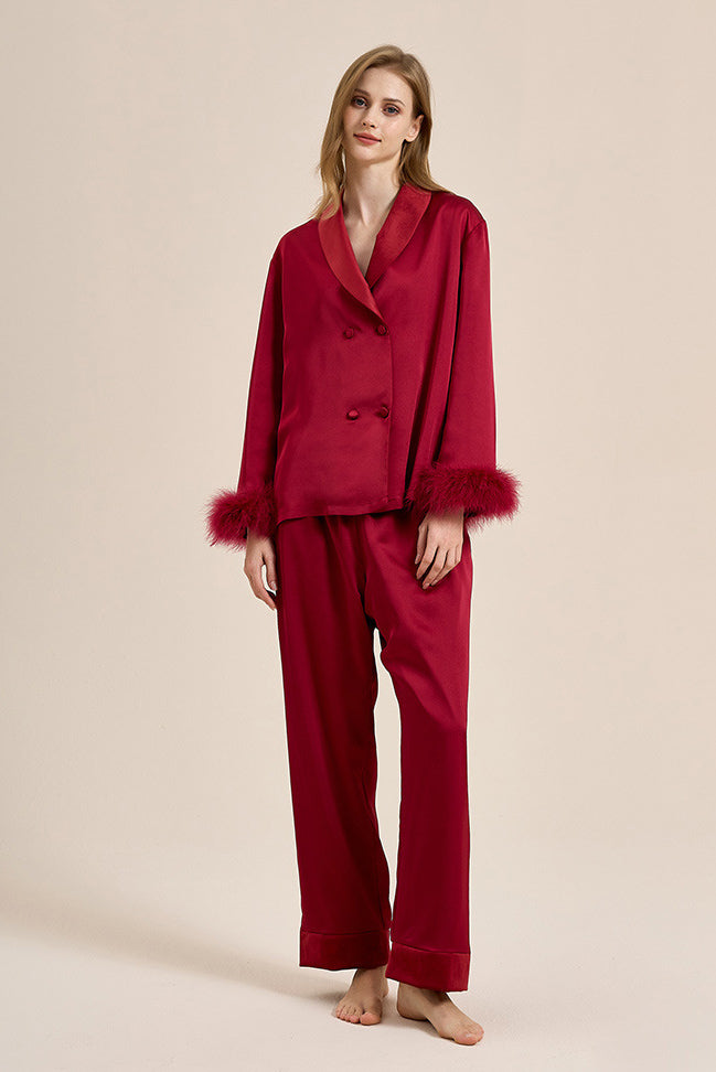 Feather Trim Red Pyjamas Set