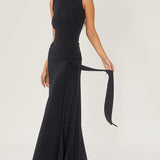 High-Necked Sleeveless Long Dress With Ribbons And Bright Silk