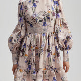 Flowers Plants Balloon Sleeves Mini Dress