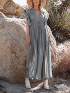 Button Cotton Linen Perfect Beach Boho Maxi Dress