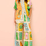 Funny Summer Unique Print Elastic Waist Pocketed Wide Leg Pants-Set