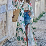 Vacation Style Botanical Print Tie-Waist Long Cover-Up Dress