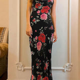 Floral Print Mesh Spaghetti Strap Maxi Dress
